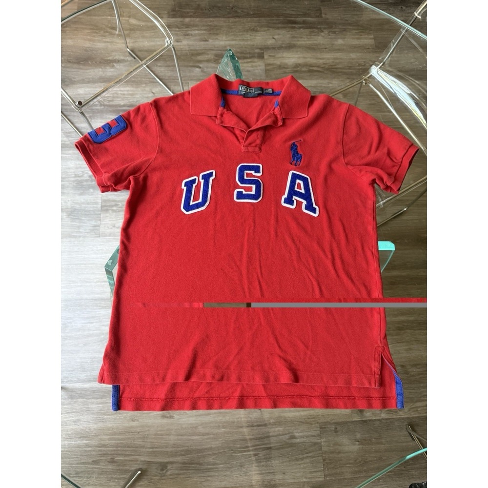 Vintage Polo Ralph Lauren Mens Large Custom Fit Big Pony USA Red Blue 3